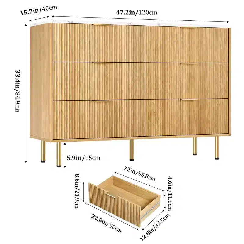 Modern Fluted 6-Drawer Dresser - 47 Wide Wooden Chest with Metal Handles - Large Storage Organizer for Bedroom, Living Room, Hallway, Entryway