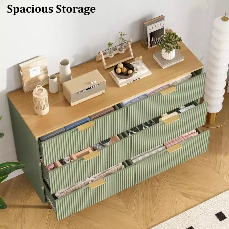Modern Fluted 6-Drawer Dresser - 47 Wide Wooden Chest with Metal Handles - Large Storage Organizer for Bedroom, Living Room, Hallway, Entryway