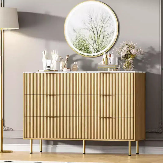 Modern Fluted 6-Drawer Dresser - 47 Wide Wooden Chest with Metal Handles - Large Storage Organizer for Bedroom, Living Room, Hallway, Entryway