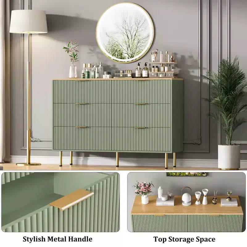 Modern Fluted 6-Drawer Dresser - 47 Wide Wooden Chest with Metal Handles - Large Storage Organizer for Bedroom, Living Room, Hallway, Entryway