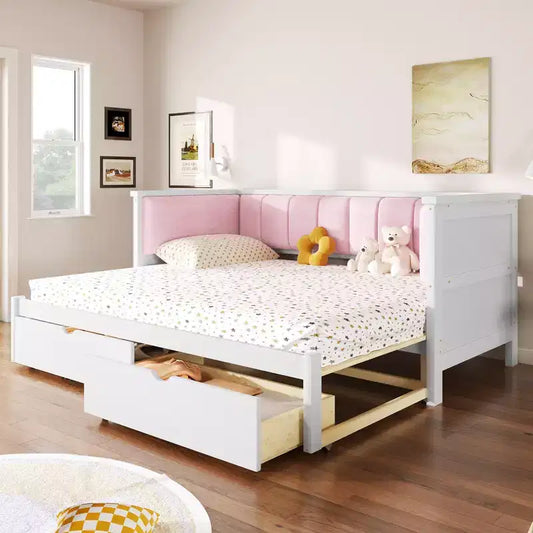 Whisen Twin XL to King Size Daybed Bed Frame with Two Storage Drawers and Upholstered Backrest - White & Pink