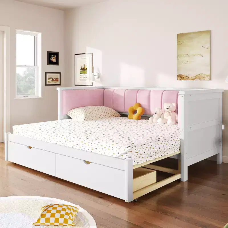 Twin XL to King Expandable Daybed Frame – 2 Storage Drawers, Upholstered Backrest