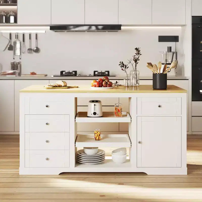 White Drop Leaf Kitchen Island with Rubber Wood Top, Coffee Bar Cabinet with Power Outlet, Drawers & Pull-Out Trays