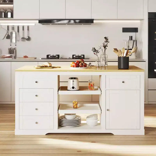 White Drop Leaf Kitchen Island with Rubber Wood Top, Coffee Bar Cabinet with Power Outlet, Drawers & Pull-Out Trays