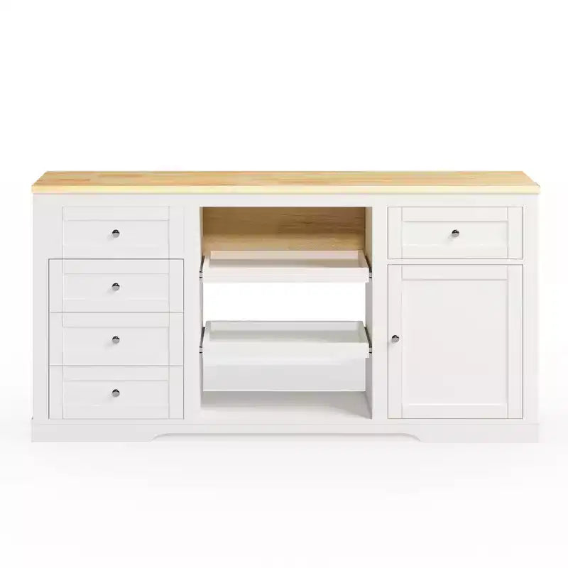 White Drop Leaf Kitchen Island with Rubber Wood Top, Coffee Bar Cabinet with Power Outlet, Drawers & Pull-Out Trays