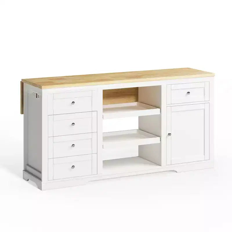 White Drop Leaf Kitchen Island with Rubber Wood Top, Coffee Bar Cabinet with Power Outlet, Drawers & Pull-Out Trays