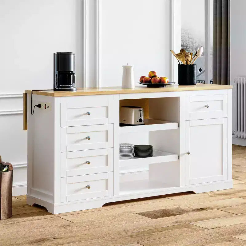 White Drop Leaf Kitchen Island with Rubber Wood Top, Coffee Bar Cabinet with Power Outlet, Drawers & Pull-Out Trays