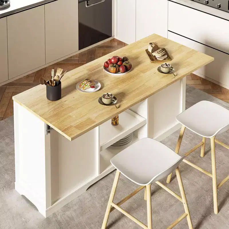 White Drop Leaf Kitchen Island with Rubber Wood Top, Coffee Bar Cabinet with Power Outlet, Drawers & Pull-Out Trays