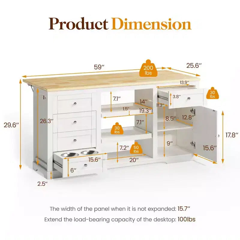 White Drop Leaf Kitchen Island with Rubber Wood Top, Coffee Bar Cabinet with Power Outlet, Drawers & Pull-Out Trays