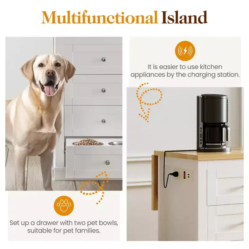 White Drop Leaf Kitchen Island with Rubber Wood Top, Coffee Bar Cabinet with Power Outlet, Drawers & Pull-Out Trays