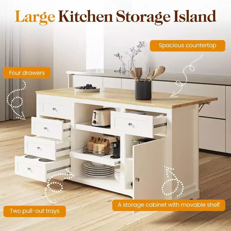 White Drop Leaf Kitchen Island with Rubber Wood Top, Coffee Bar Cabinet with Power Outlet, Drawers & Pull-Out Trays