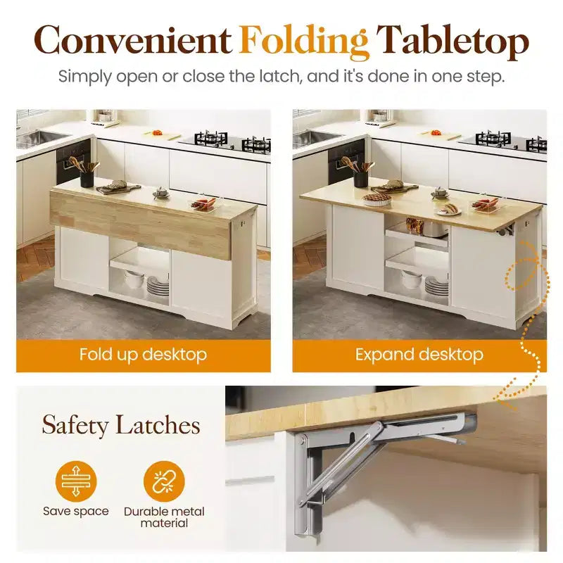 White Drop Leaf Kitchen Island with Rubber Wood Top, Coffee Bar Cabinet with Power Outlet, Drawers & Pull-Out Trays