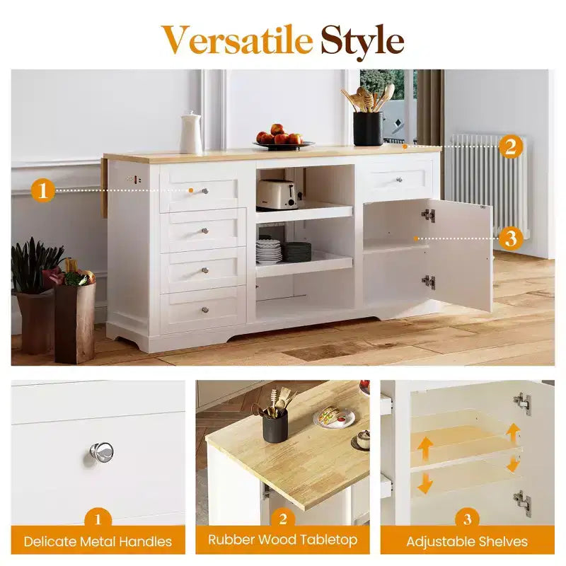 White Drop Leaf Kitchen Island with Rubber Wood Top, Coffee Bar Cabinet with Power Outlet, Drawers & Pull-Out Trays