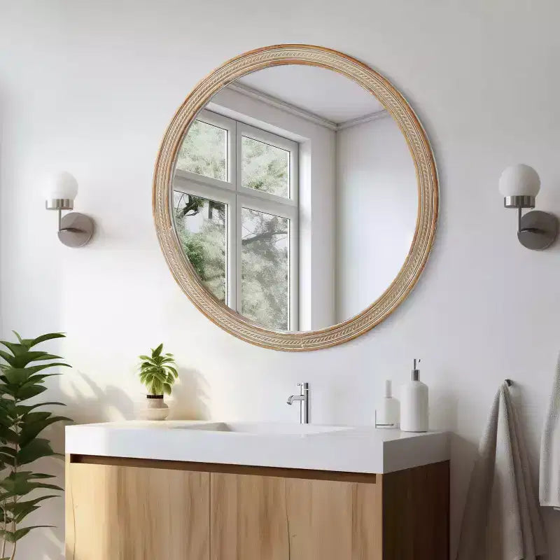 23.6" Round Woven Rattan Style Wall Mirror – 20" Mirror Surface, Metal Hanging Hooks