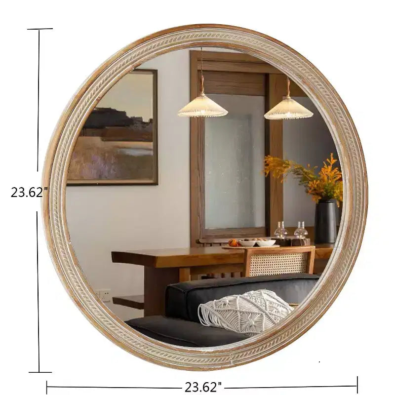 23.6" Round Woven Rattan Style Wall Mirror – 20" Mirror Surface, Metal Hanging Hooks