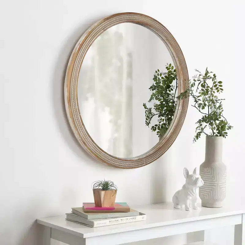 23.6" Round Woven Rattan Style Wall Mirror – 20" Mirror Surface, Metal Hanging Hooks