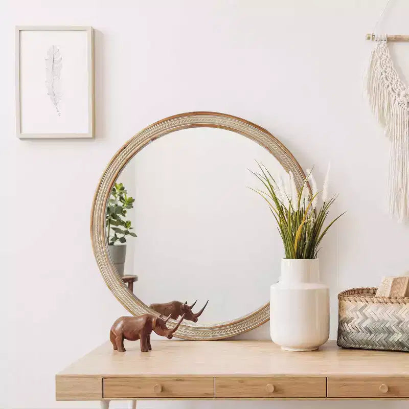 23.6" Round Woven Rattan Style Wall Mirror – 20" Mirror Surface, Metal Hanging Hooks