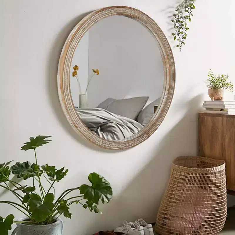 23.6" Round Woven Rattan Style Wall Mirror – 20" Mirror Surface, Metal Hanging Hooks