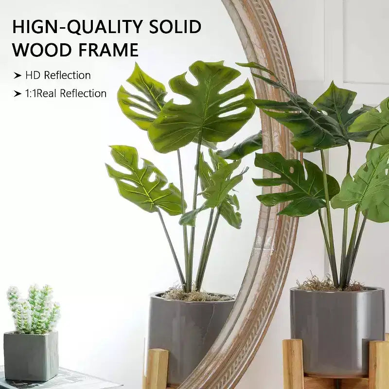 23.6" Round Woven Rattan Style Wall Mirror – 20" Mirror Surface, Metal Hanging Hooks