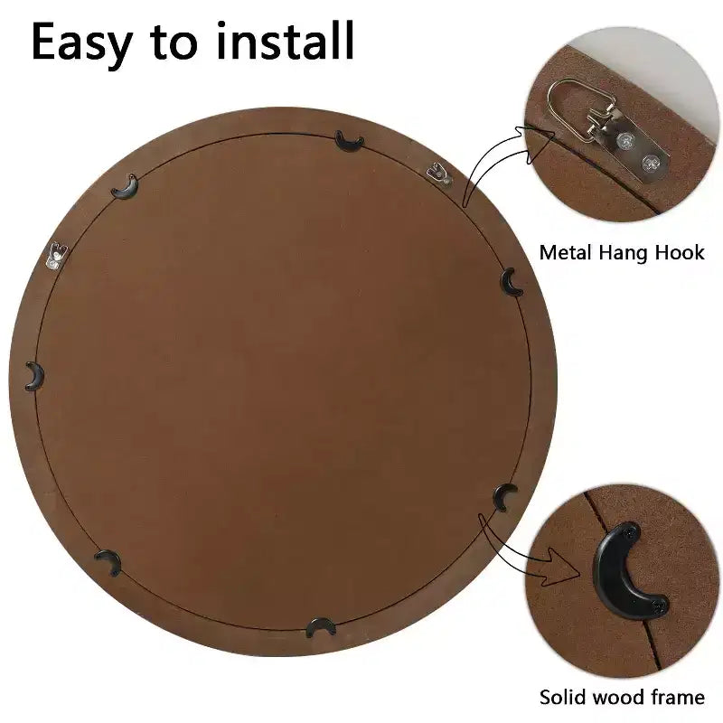 23.6" Round Woven Rattan Style Wall Mirror – 20" Mirror Surface, Metal Hanging Hooks