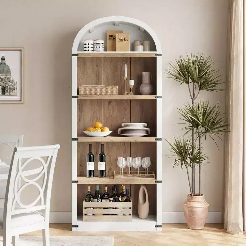 Farmhouse Arched 5-Tier Wooden Bookcase, 71.65 Tall, Antique White with Wood Back, Open Display Shelves for Living Room/Office/Bedroom