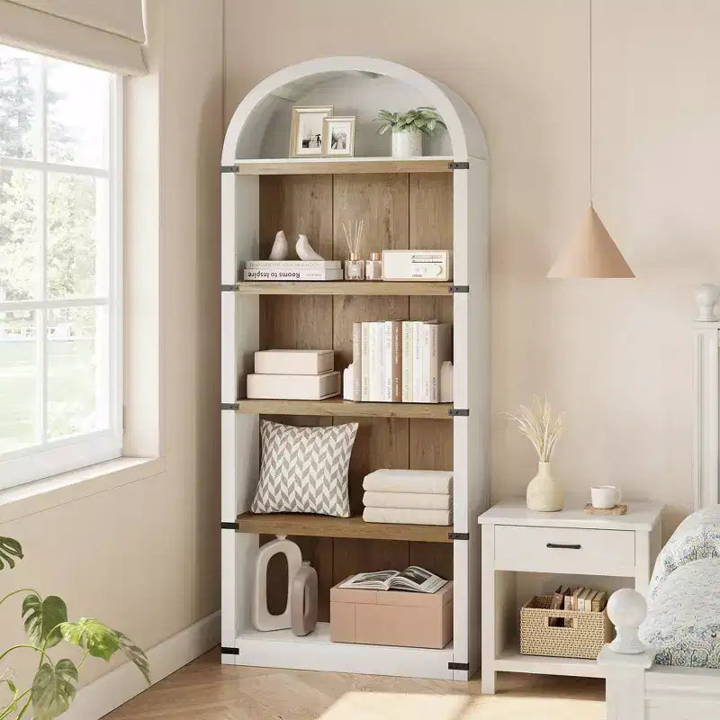 Farmhouse Arched 5-Tier Wooden Bookcase, 71.65 Tall, Antique White with Wood Back, Open Display Shelves for Living Room/Office/Bedroom