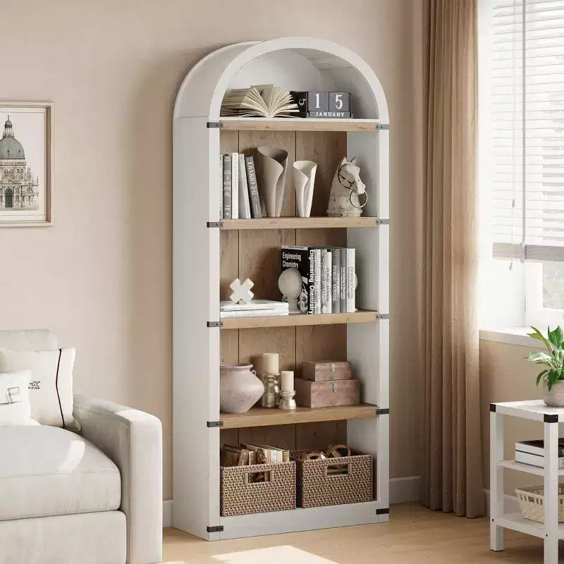 Farmhouse Arched 5-Tier Wooden Bookcase, 71.65 Tall, Antique White with Wood Back, Open Display Shelves for Living Room/Office/Bedroom