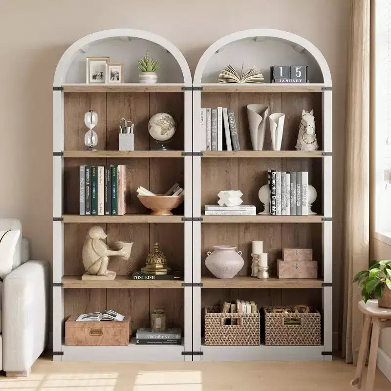 Farmhouse Arched 5-Tier Wooden Bookcase, 71.65 Tall, Antique White with Wood Back, Open Display Shelves for Living Room/Office/Bedroom