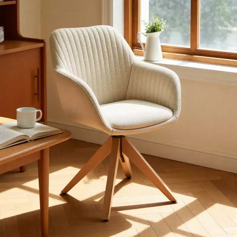 Mid-Century Modern Swivel Desk Chair – No Wheels, Oak Legs, Cotton-Linen Fabric