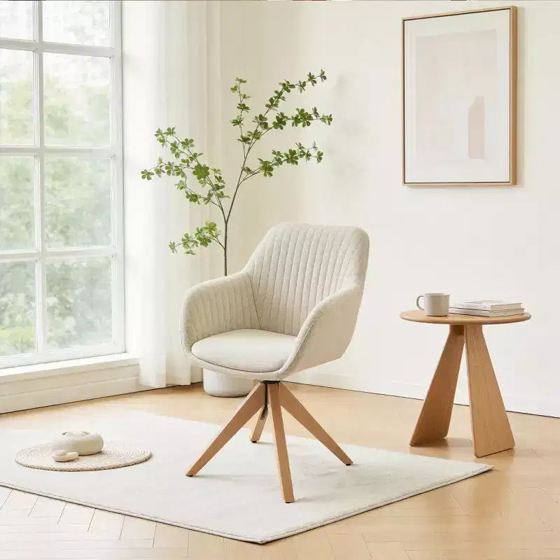 Mid-Century Modern Swivel Desk Chair – No Wheels, Oak Legs, Cotton-Linen Fabric