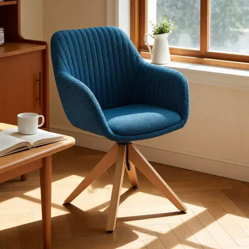 Mid-Century Modern Swivel Desk Chair – No Wheels, Oak Legs, Cotton-Linen Fabric