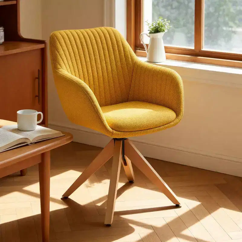 Mid-Century Modern Swivel Desk Chair – No Wheels, Oak Legs, Cotton-Linen Fabric