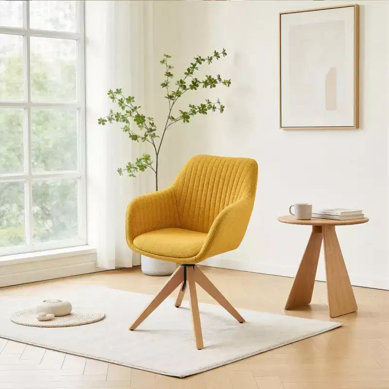 Mid-Century Modern Swivel Desk Chair – No Wheels, Oak Legs, Cotton-Linen Fabric