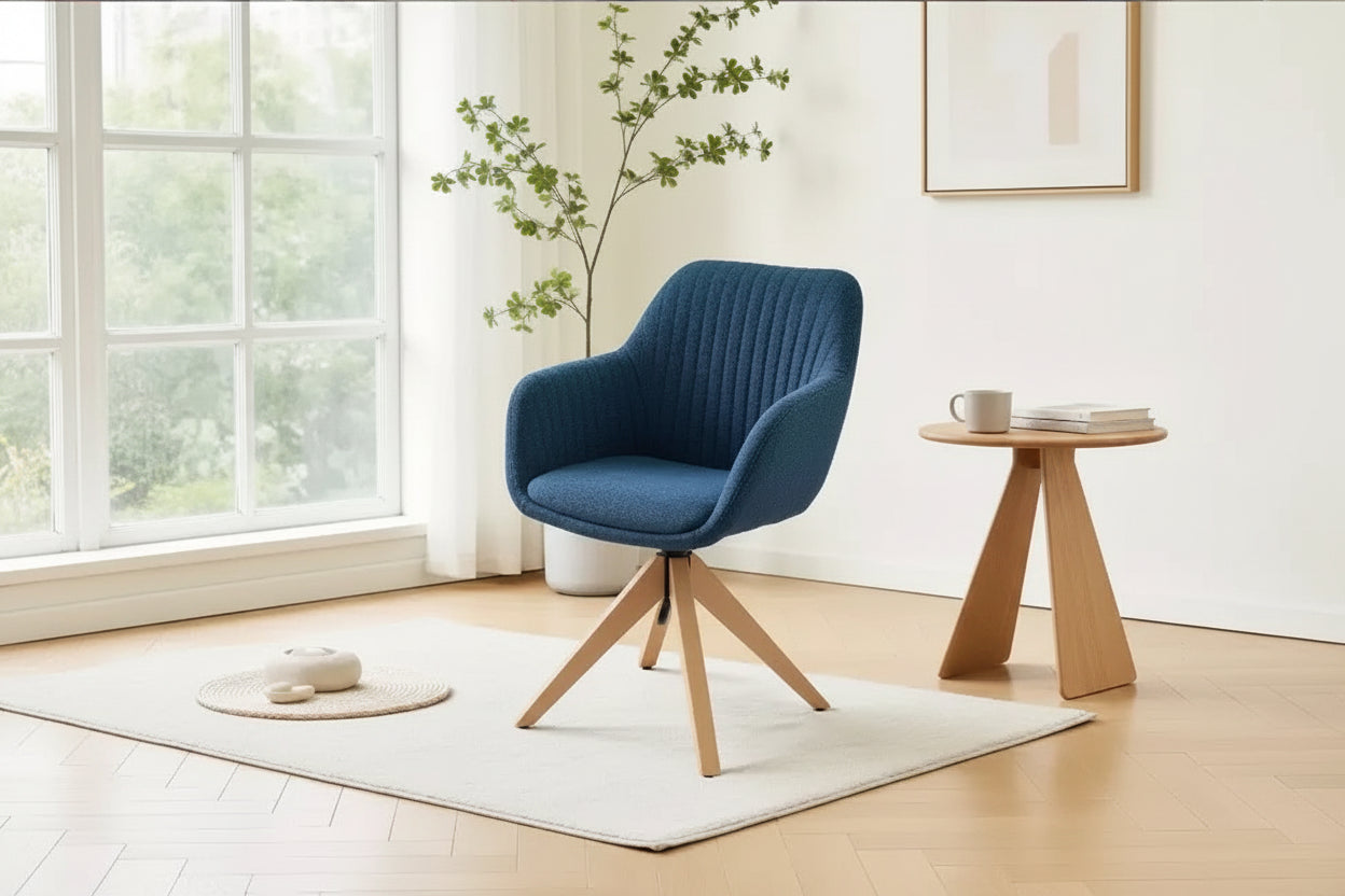 Mid-Century Modern Swivel Desk Chair – No Wheels, Oak Legs, Cotton-Linen Fabric