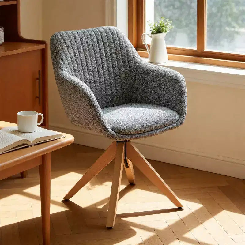 Mid-Century Modern Swivel Desk Chair – No Wheels, Oak Legs, Cotton-Linen Fabric