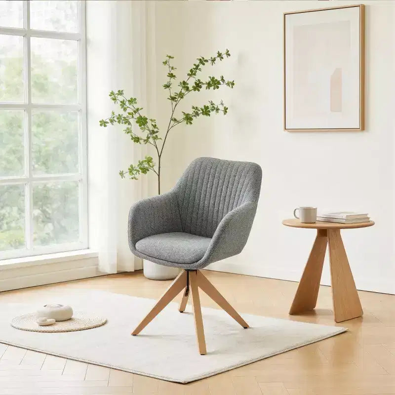 Mid-Century Modern Swivel Desk Chair – No Wheels, Oak Legs, Cotton-Linen Fabric