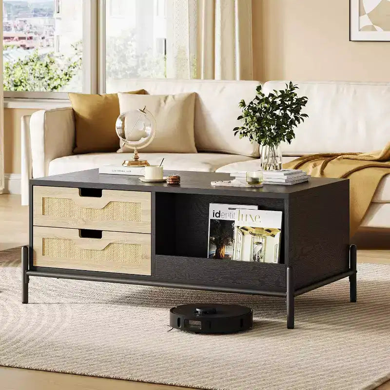 Rectangular Rattan Coffee Table with LED Lights,Modern Farmhouse Center Table with 4 Drawers & Open Storage Shelf,Wooden Accent Table for Living Room