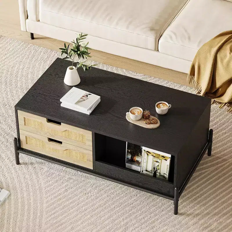 Rectangular Rattan Coffee Table with LED Lights,Modern Farmhouse Center Table with 4 Drawers & Open Storage Shelf,Wooden Accent Table for Living Room