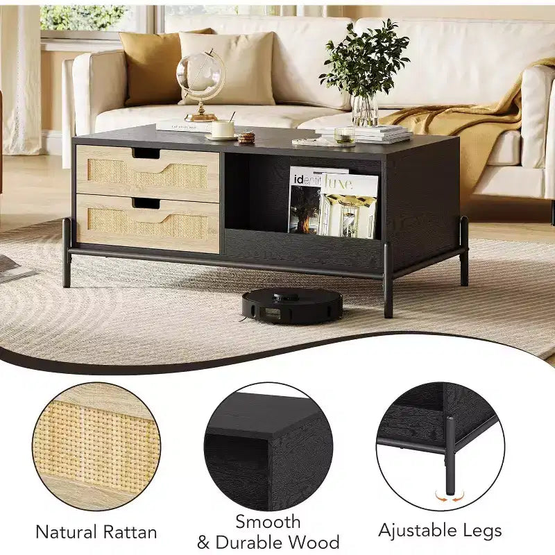 Rectangular Rattan Coffee Table with LED Lights,Modern Farmhouse Center Table with 4 Drawers & Open Storage Shelf,Wooden Accent Table for Living Room
