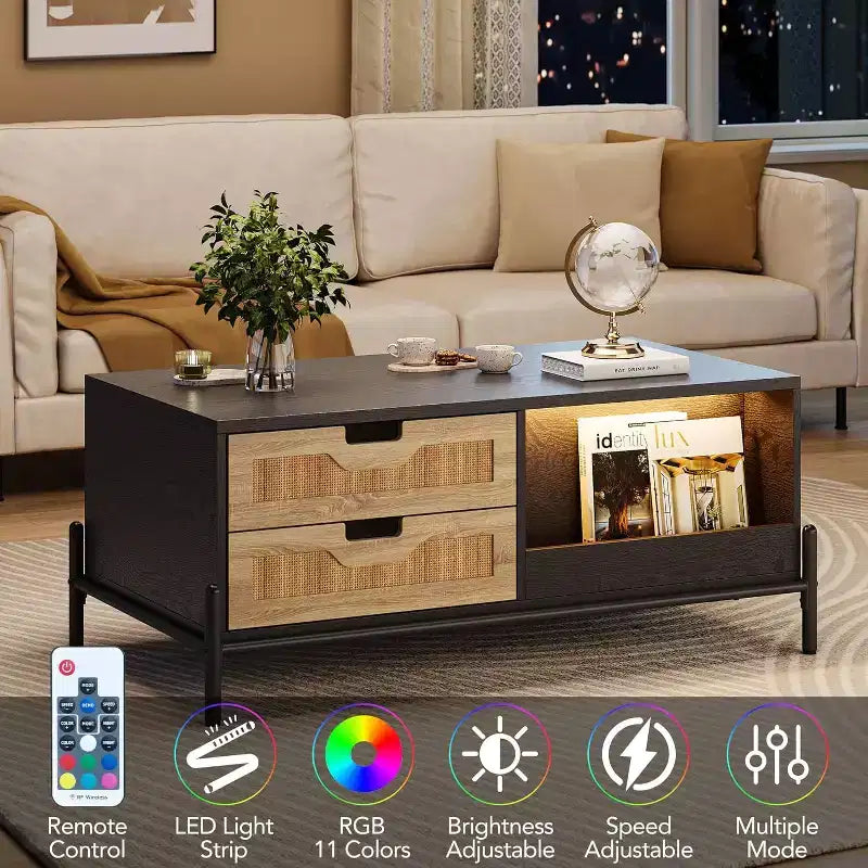 Rectangular Rattan Coffee Table with LED Lights,Modern Farmhouse Center Table with 4 Drawers & Open Storage Shelf,Wooden Accent Table for Living Room