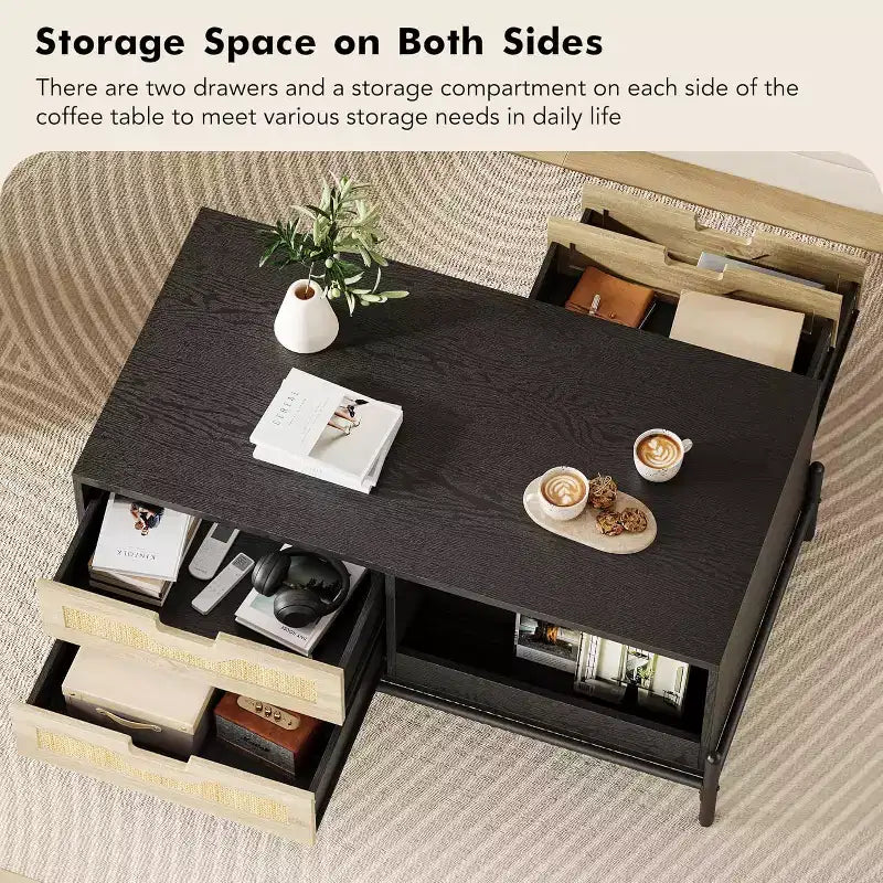 Rectangular Rattan Coffee Table with LED Lights,Modern Farmhouse Center Table with 4 Drawers & Open Storage Shelf,Wooden Accent Table for Living Room