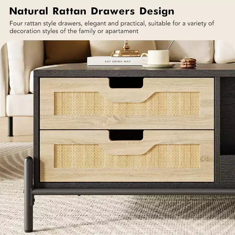 Rectangular Rattan Coffee Table with LED Lights,Modern Farmhouse Center Table with 4 Drawers & Open Storage Shelf,Wooden Accent Table for Living Room