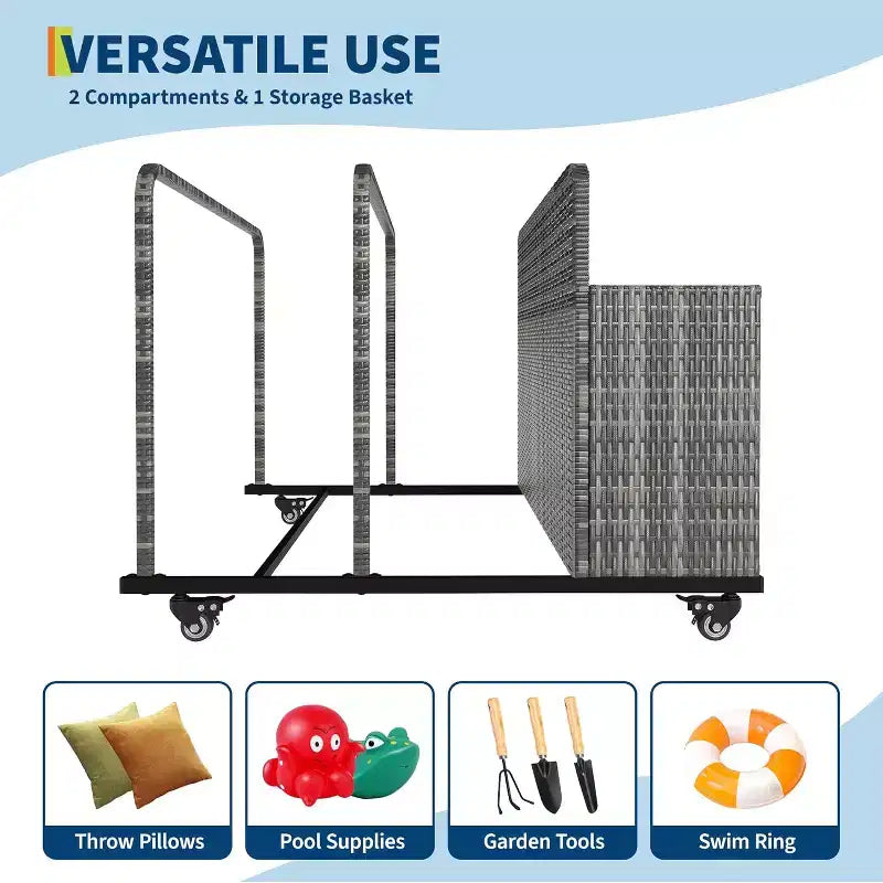 Outdoor Pool Float Storage Organizer with Rolling Wheels, Wicker Rattan Pool Caddy & Toy Storage Basket for Poolside, Patio & Deck