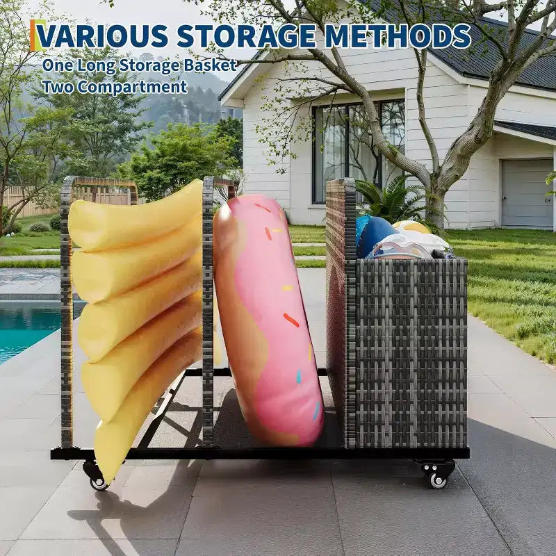 Outdoor Pool Float Storage Organizer with Rolling Wheels, Wicker Rattan Pool Caddy & Toy Storage Basket for Poolside, Patio & Deck