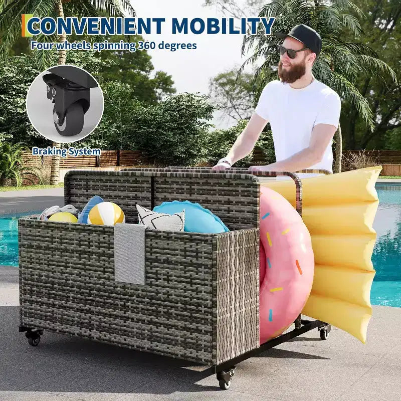 Outdoor Pool Float Storage Organizer with Rolling Wheels, Wicker Rattan Pool Caddy & Toy Storage Basket for Poolside, Patio & Deck