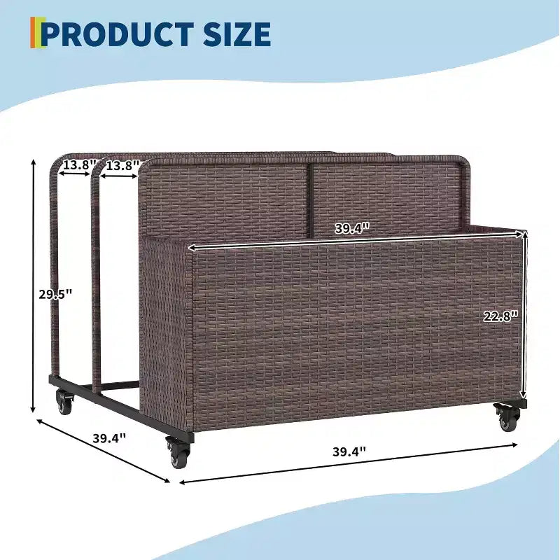 Outdoor Pool Float Storage Organizer with Rolling Wheels, Wicker Rattan Pool Caddy & Toy Storage Basket for Poolside, Patio & Deck