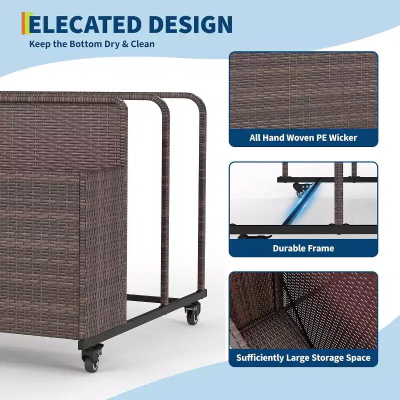 Outdoor Pool Float Storage Organizer with Rolling Wheels, Wicker Rattan Pool Caddy & Toy Storage Basket for Poolside, Patio & Deck