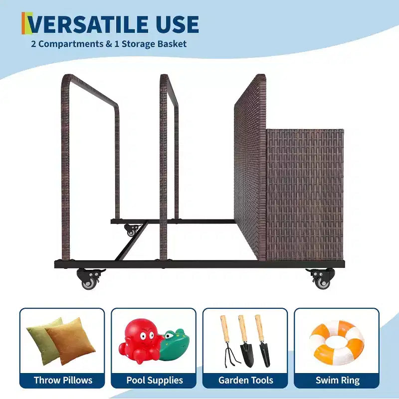 Outdoor Pool Float Storage Organizer with Rolling Wheels, Wicker Rattan Pool Caddy & Toy Storage Basket for Poolside, Patio & Deck