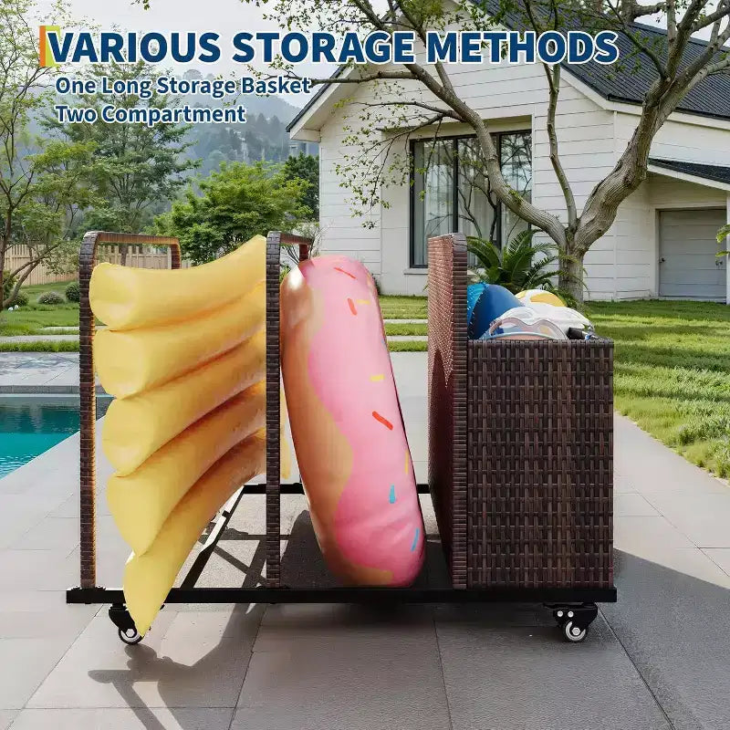 Outdoor Pool Float Storage Organizer with Rolling Wheels, Wicker Rattan Pool Caddy & Toy Storage Basket for Poolside, Patio & Deck