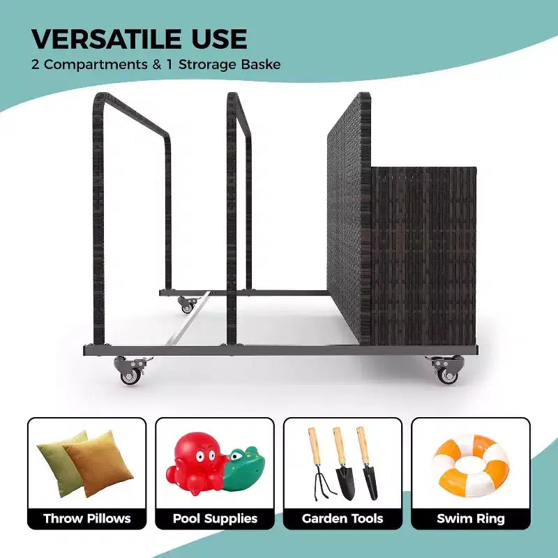 Outdoor Pool Float Storage Organizer with Rolling Wheels, Wicker Rattan Pool Caddy & Toy Storage Basket for Poolside, Patio & Deck